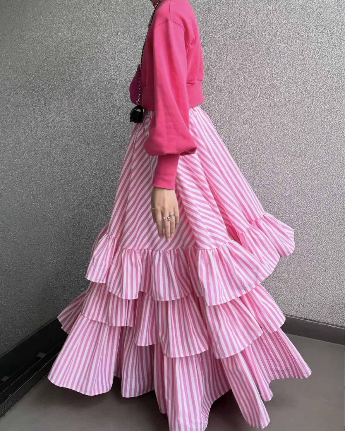 chouyatou Women's Elegant Ruffle Tiered Skirt Striped Elastic Waist Layered A Line Maxi Long Skirt