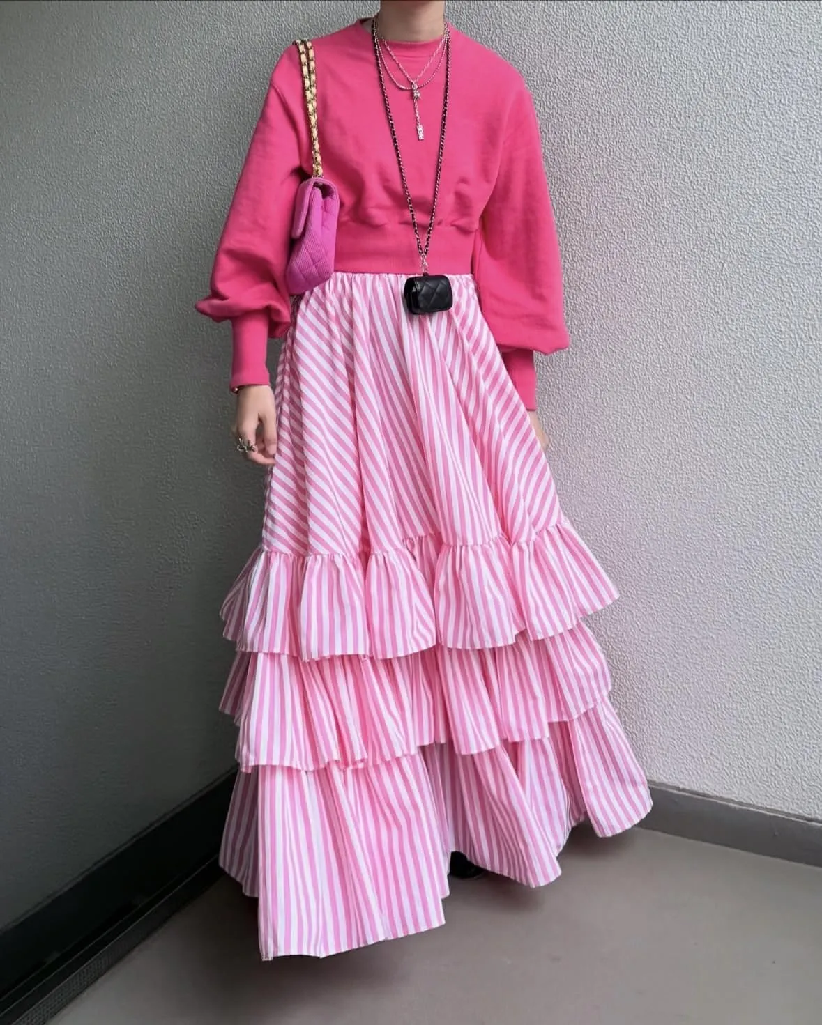 chouyatou Women's Elegant Ruffle Tiered Skirt Striped Elastic Waist Layered A Line Maxi Long Skirt