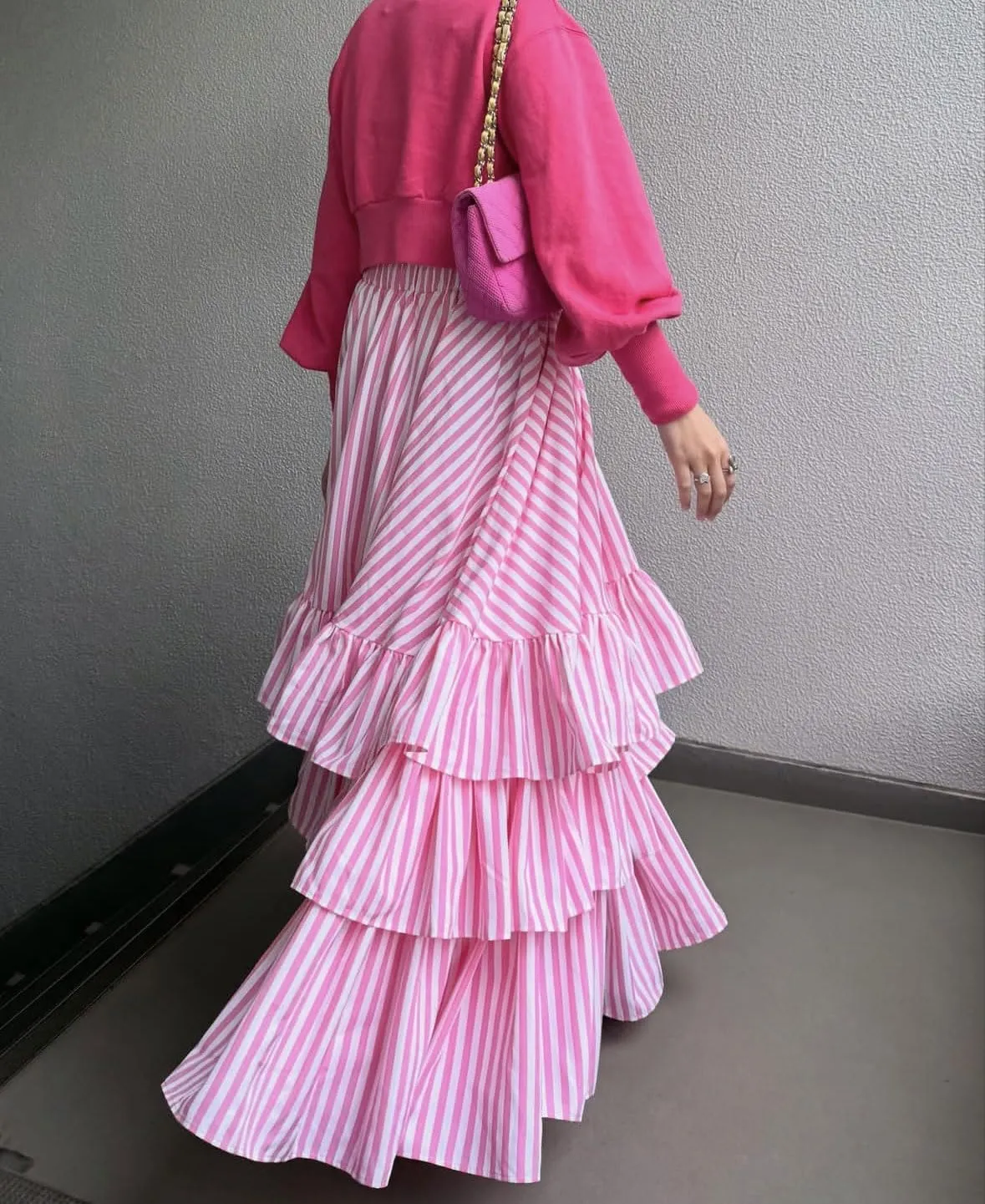 chouyatou Women's Elegant Ruffle Tiered Skirt Striped Elastic Waist Layered A Line Maxi Long Skirt