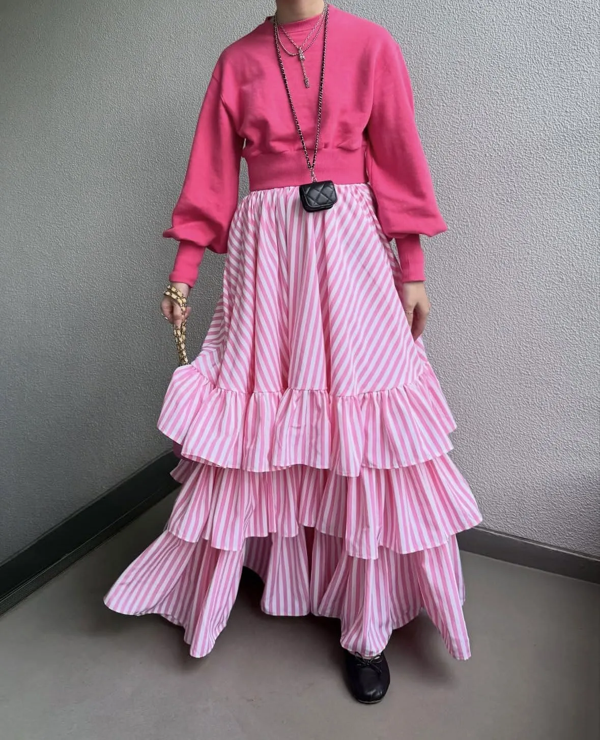 chouyatou Women's Elegant Ruffle Tiered Skirt Striped Elastic Waist Layered A Line Maxi Long Skirt