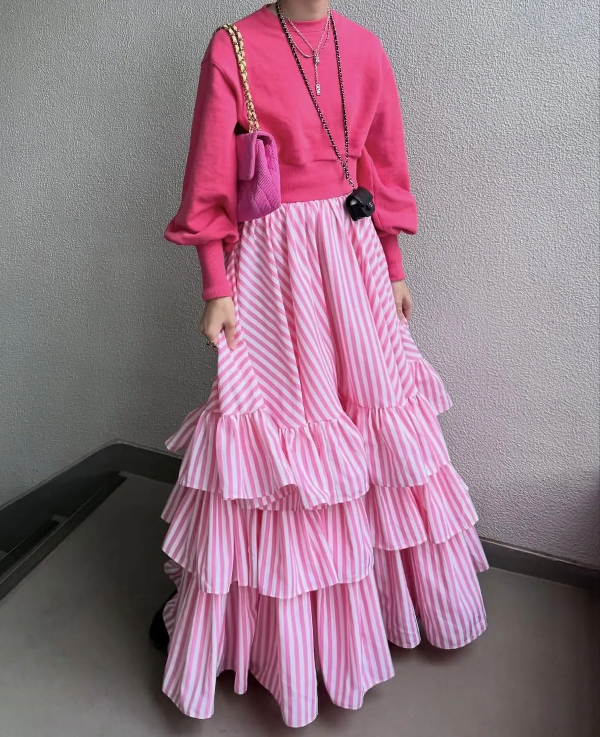 chouyatou Women's Elegant Ruffle Tiered Skirt Striped Elastic Waist Layered A Line Maxi Long Skirt
