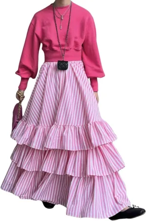chouyatou Women's Elegant Ruffle Tiered Skirt Striped Elastic Waist Layered A Line Maxi Long Skirt