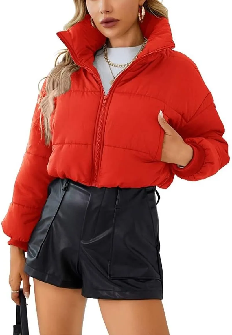 chouyatou Women's Winter Cropped Puffer Jacket Zip Stand Collar Quilted Down Jacket