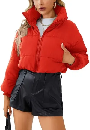 chouyatou Women's Winter Cropped Puffer Jacket Zip Stand Collar Quilted Down Jacket