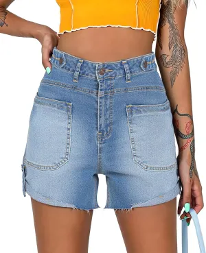 Cicy Bell Womens Baggy High Waisted Jean Shorts Summer Straight Leg Jorts Stretchy Button Adjustable Rolled Hem Denim Shorts