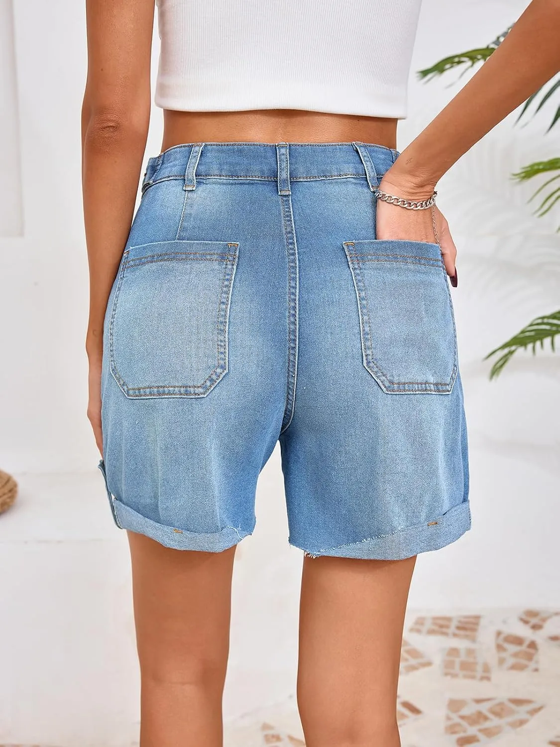 Cicy Bell Womens Baggy High Waisted Jean Shorts Summer Straight Leg Jorts Stretchy Button Adjustable Rolled Hem Denim Shorts