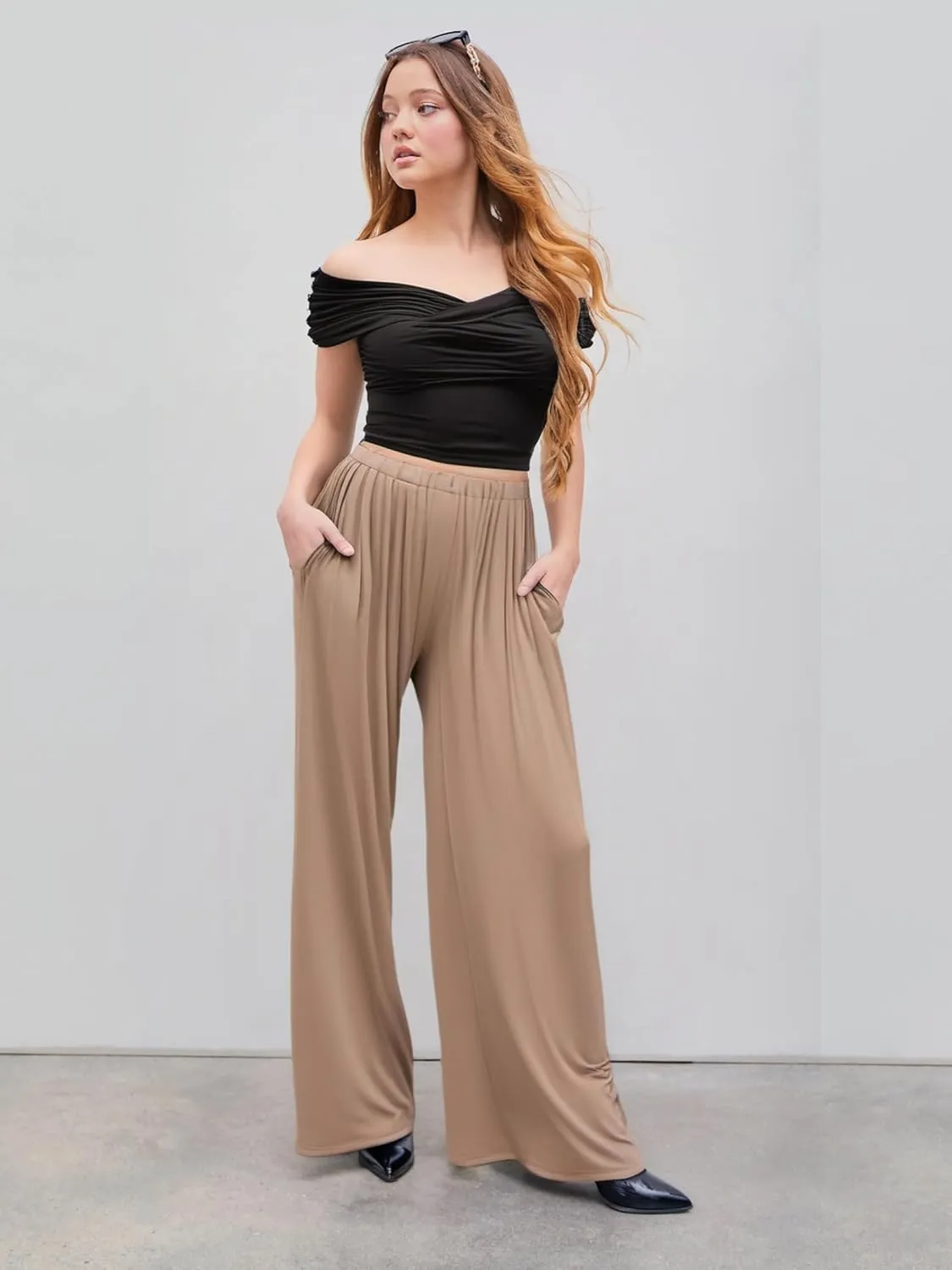 CIDER Wide Leg Palazzo Pants for Women with Pockets Elastic Business Causal Pants Women Summer for Beach Travel Trousers