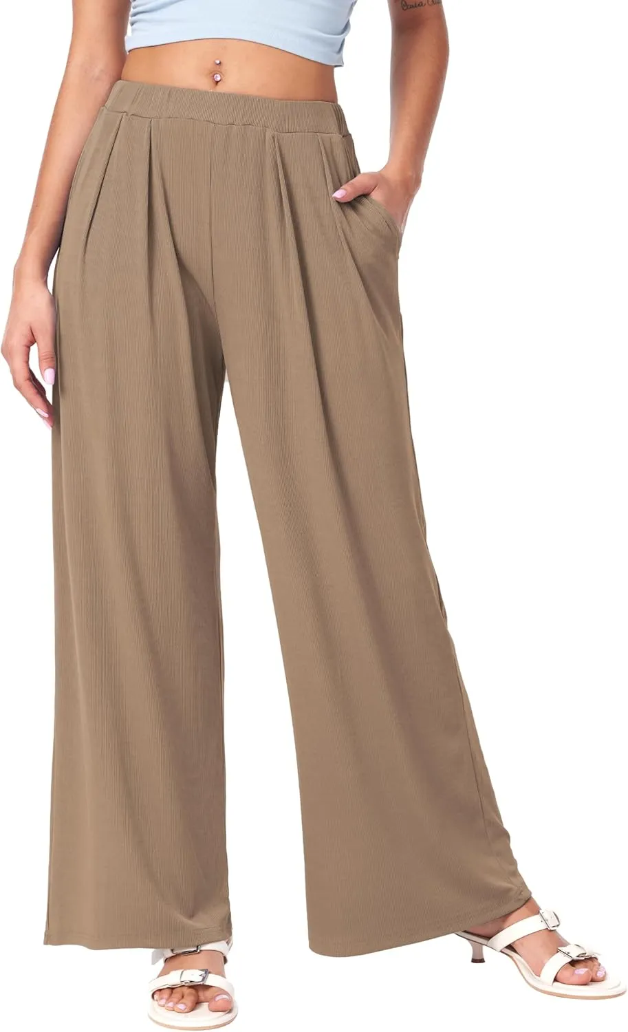 CIDER Wide Leg Palazzo Pants for Women with Pockets Elastic Business Causal Pants Women Summer for Beach Travel Trousers