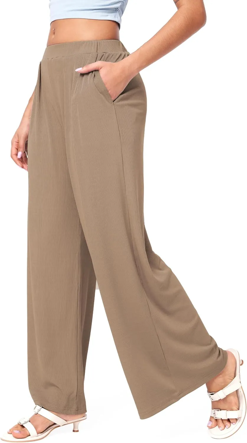CIDER Wide Leg Palazzo Pants for Women with Pockets Elastic Business Causal Pants Women Summer for Beach Travel Trousers