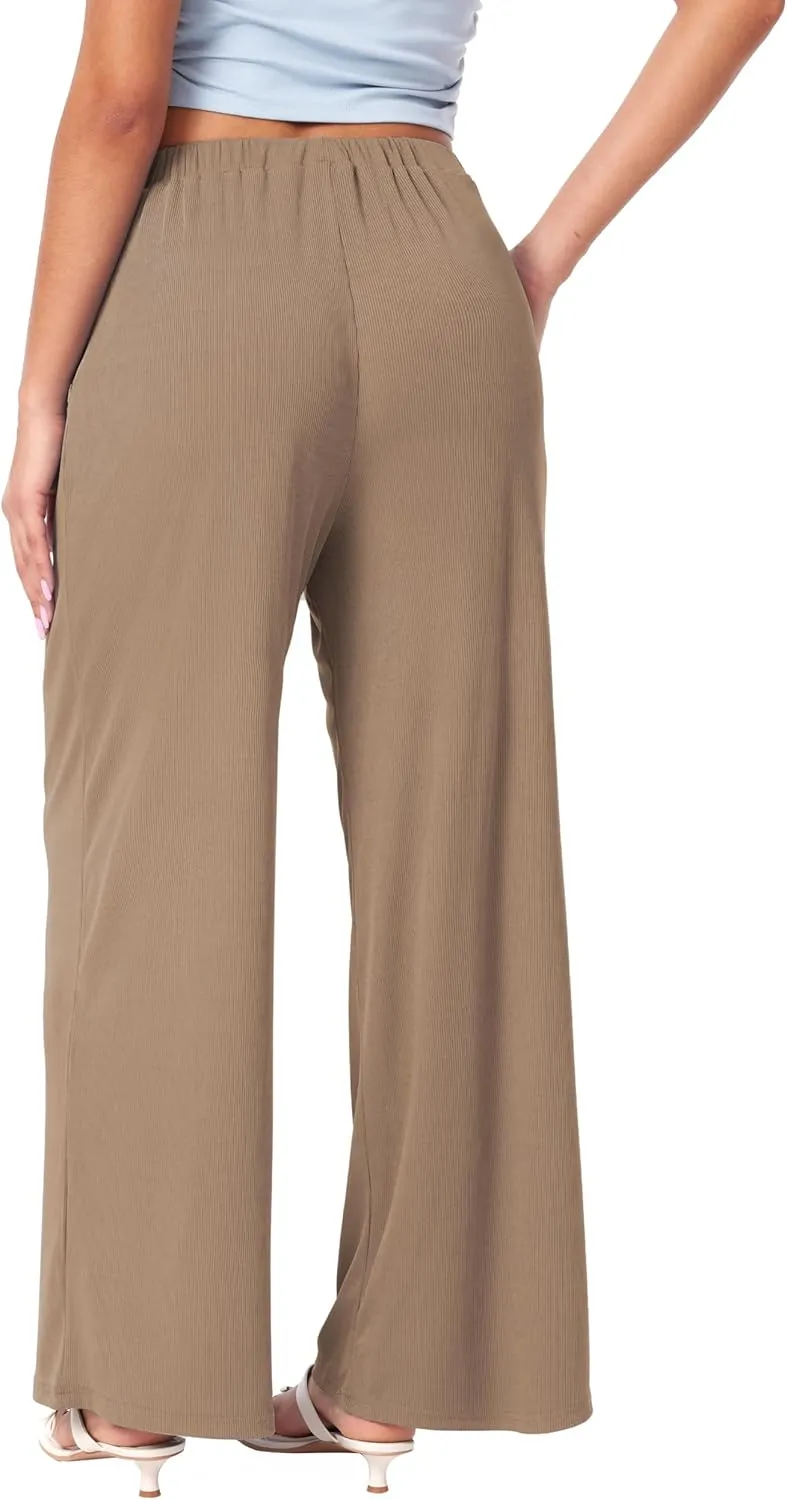 CIDER Wide Leg Palazzo Pants for Women with Pockets Elastic Business Causal Pants Women Summer for Beach Travel Trousers