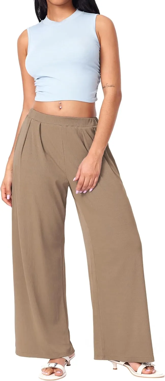 CIDER Wide Leg Palazzo Pants for Women with Pockets Elastic Business Causal Pants Women Summer for Beach Travel Trousers