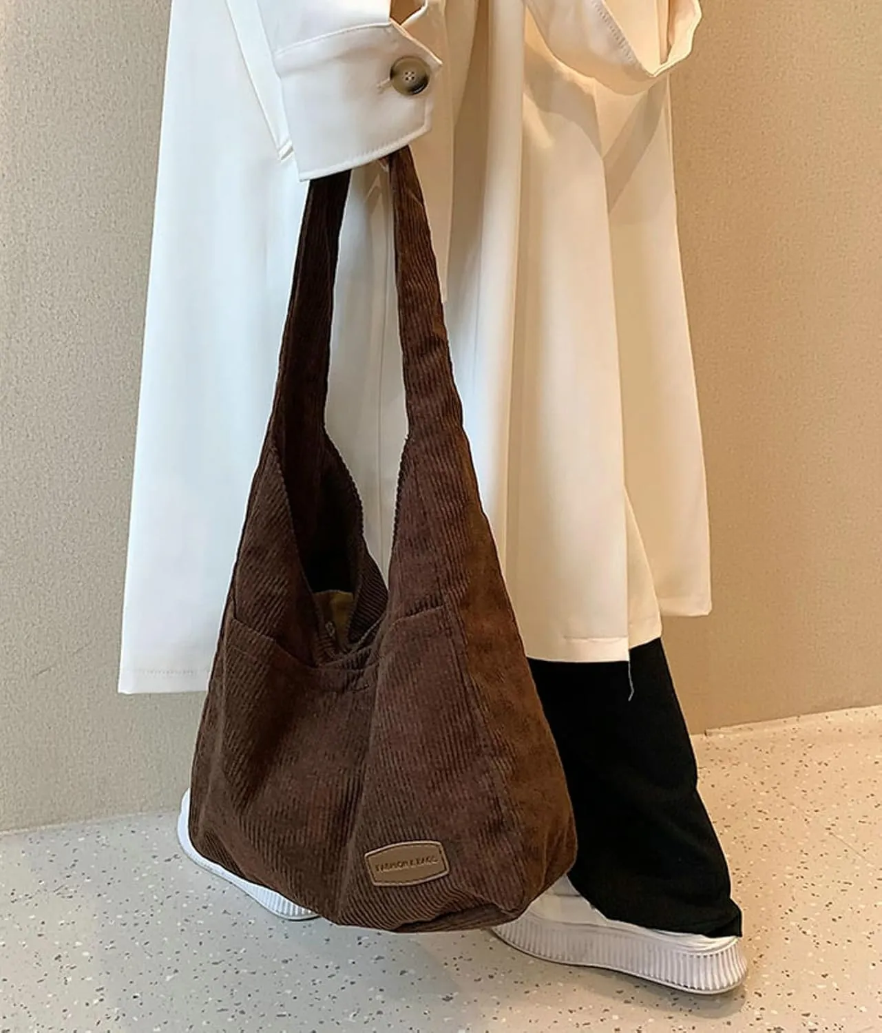 Corduroy Tote Bag Unisex Retro Handbag Multi Pocket Shoulder Work College Satchel Compartment Messenger Purse