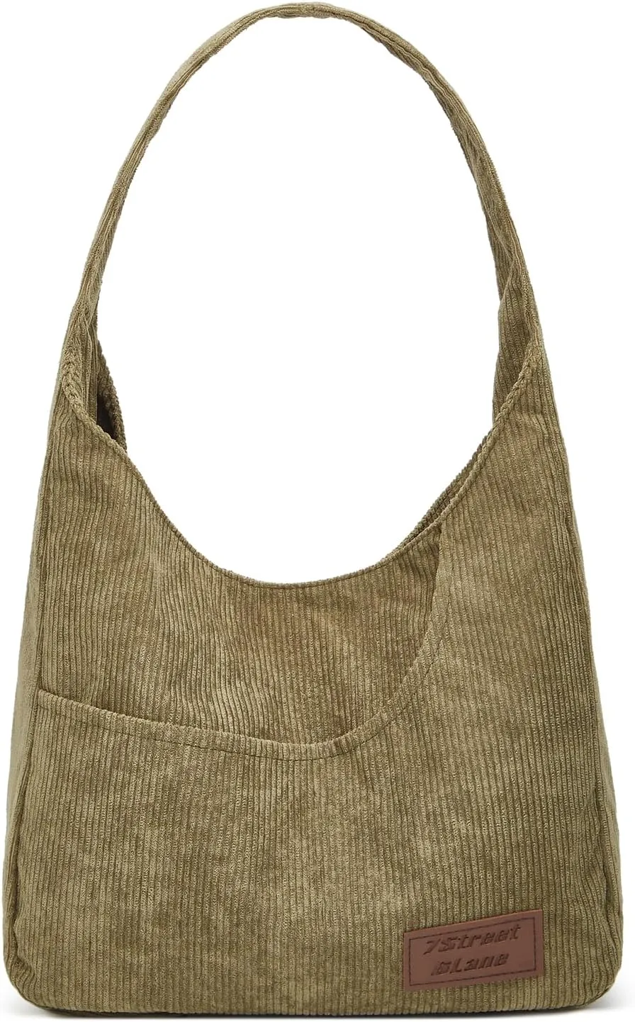 Corduroy Tote Bag Unisex Retro Handbag Multi Pocket Shoulder Work College Satchel Compartment Messenger Purse