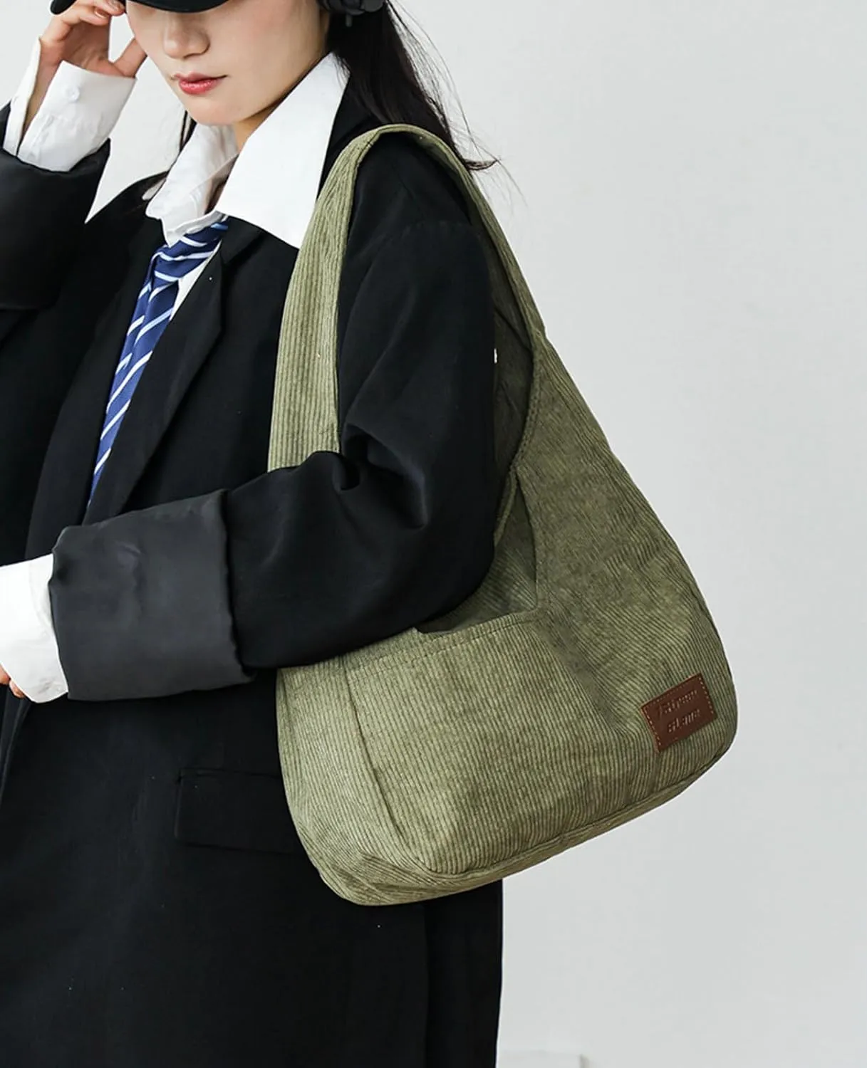 Corduroy Tote Bag Unisex Retro Handbag Multi Pocket Shoulder Work College Satchel Compartment Messenger Purse