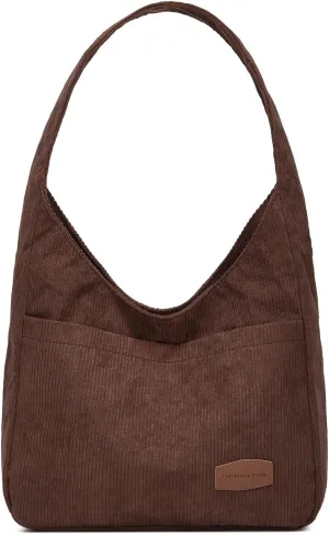 Corduroy Tote Bag Unisex Retro Handbag Multi Pocket Shoulder Work College Satchel Compartment Messenger Purse