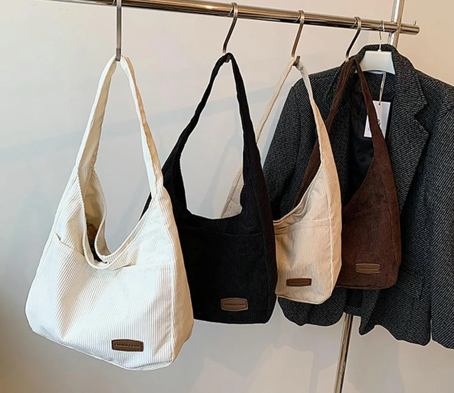 Corduroy Tote Bag Unisex Retro Handbag Multi Pocket Shoulder Work College Satchel Compartment Messenger Purse