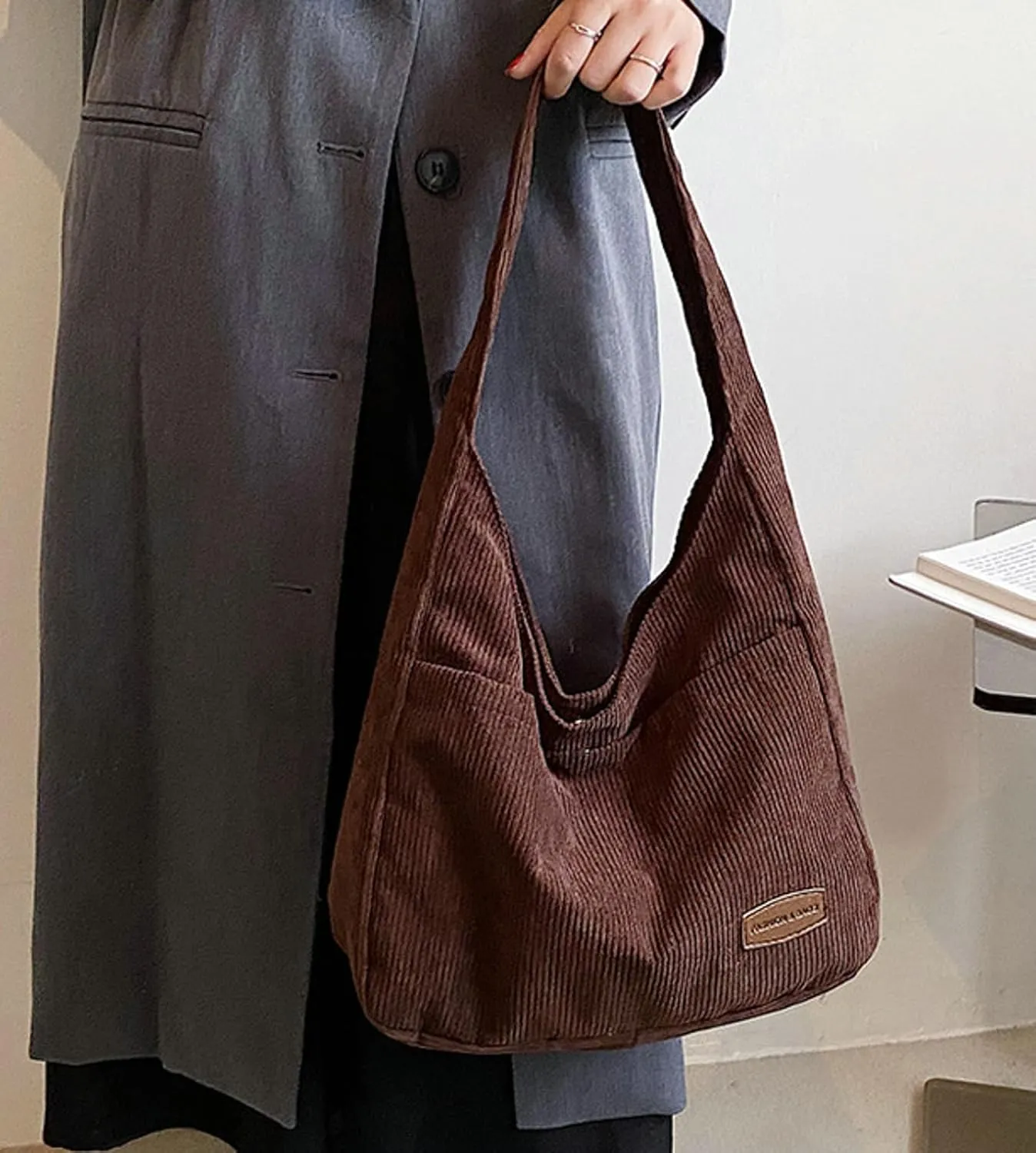 Corduroy Tote Bag Unisex Retro Handbag Multi Pocket Shoulder Work College Satchel Compartment Messenger Purse