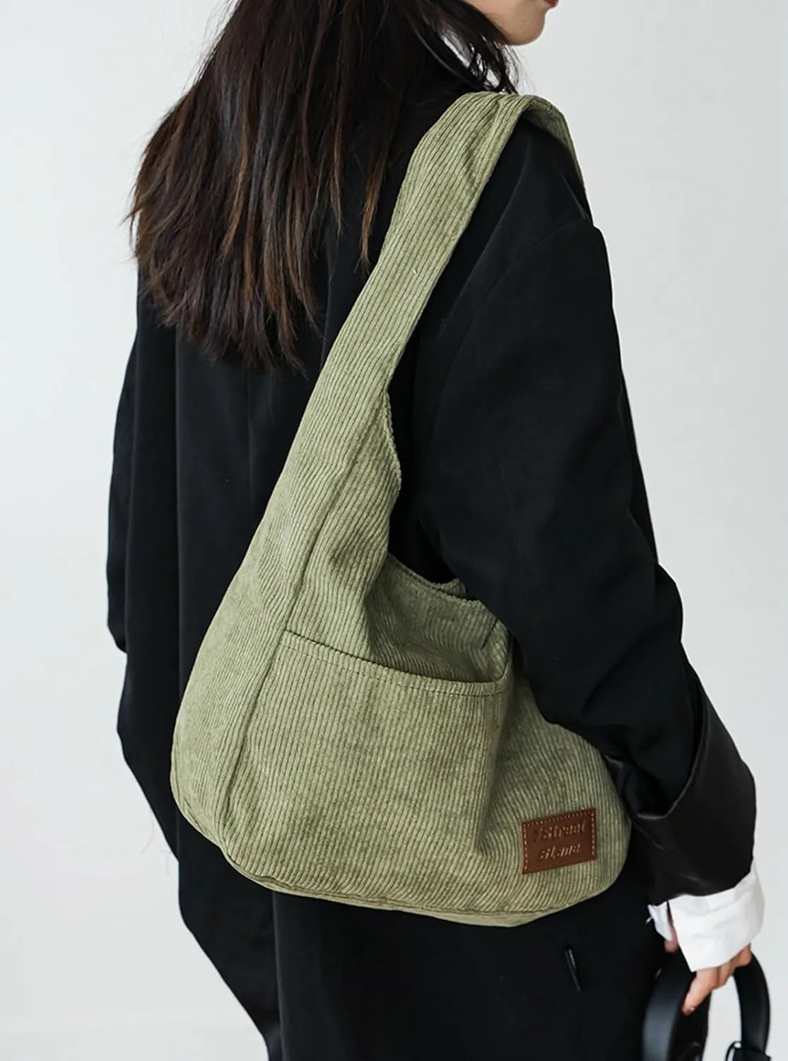 Corduroy Tote Bag Unisex Retro Handbag Multi Pocket Shoulder Work College Satchel Compartment Messenger Purse