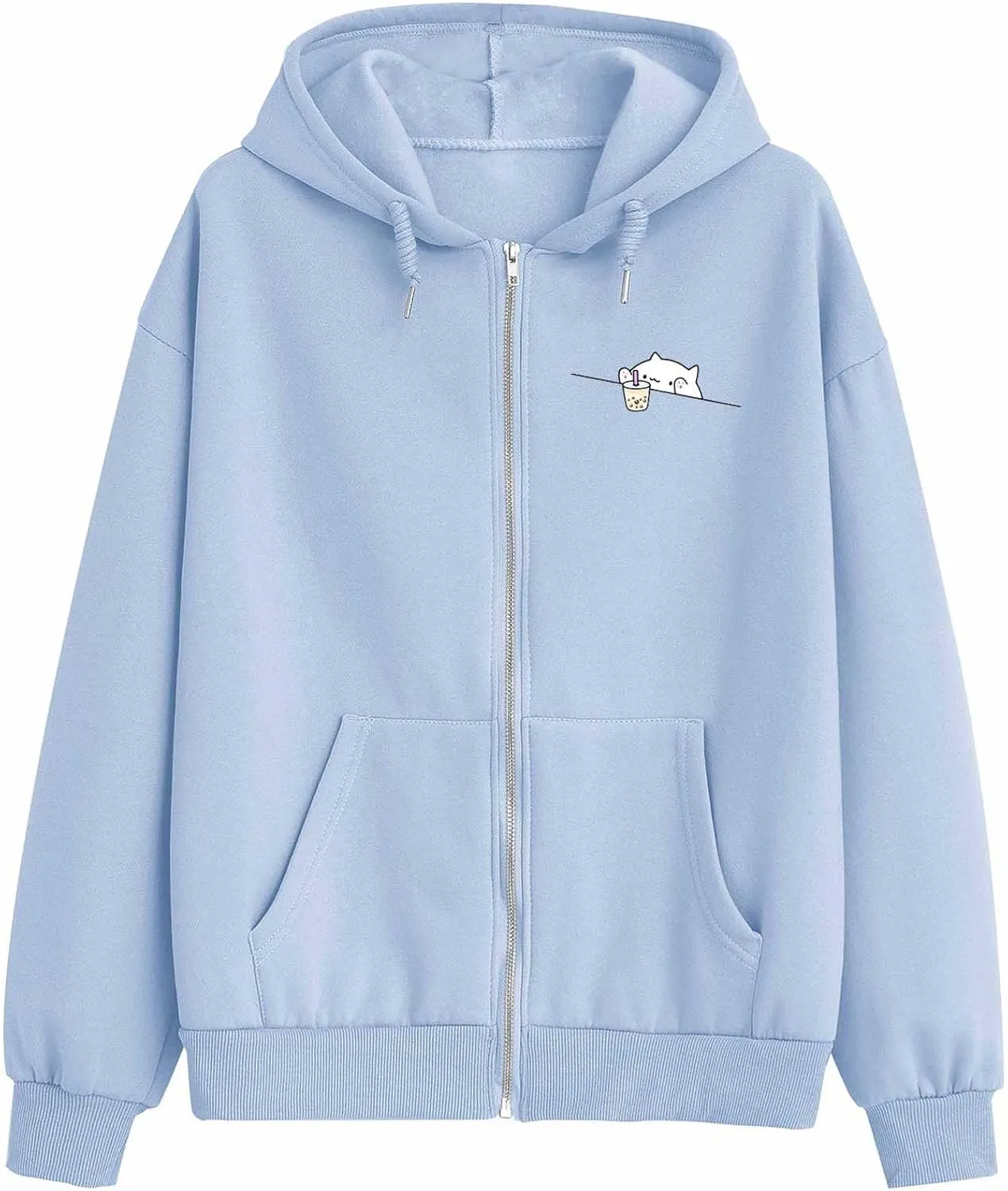 Cute Oversized Zip Up Hoodie for Teen Girls Kawaii Cartoon Cat Sweatshirt for Women Pockets Cotton Top Jackets Coat
