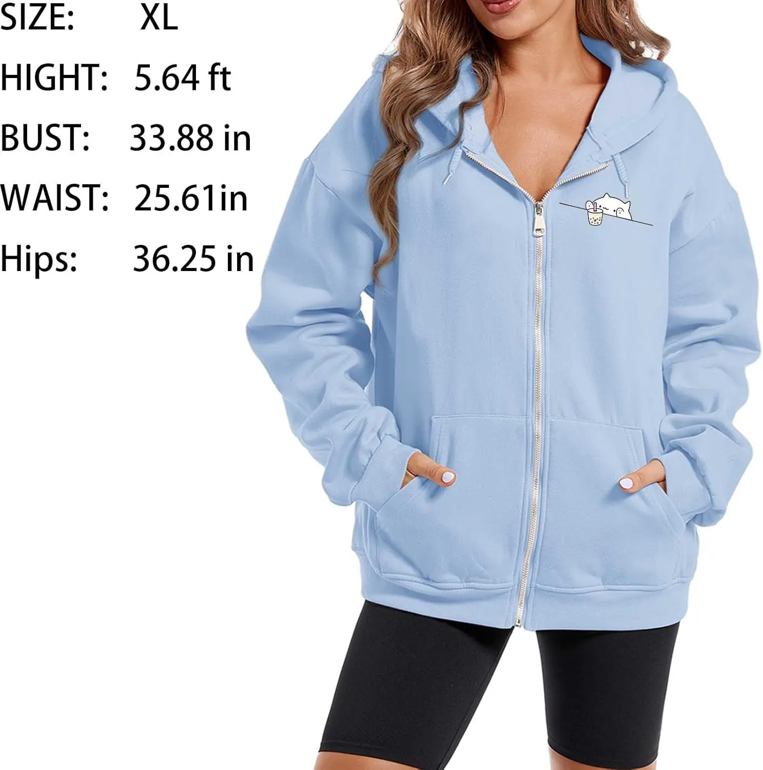 Cute Oversized Zip Up Hoodie for Teen Girls Kawaii Cartoon Cat Sweatshirt for Women Pockets Cotton Top Jackets Coat