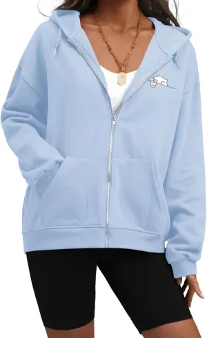 Cute Oversized Zip Up Hoodie for Teen Girls Kawaii Cartoon Cat Sweatshirt for Women Pockets Cotton Top Jackets Coat