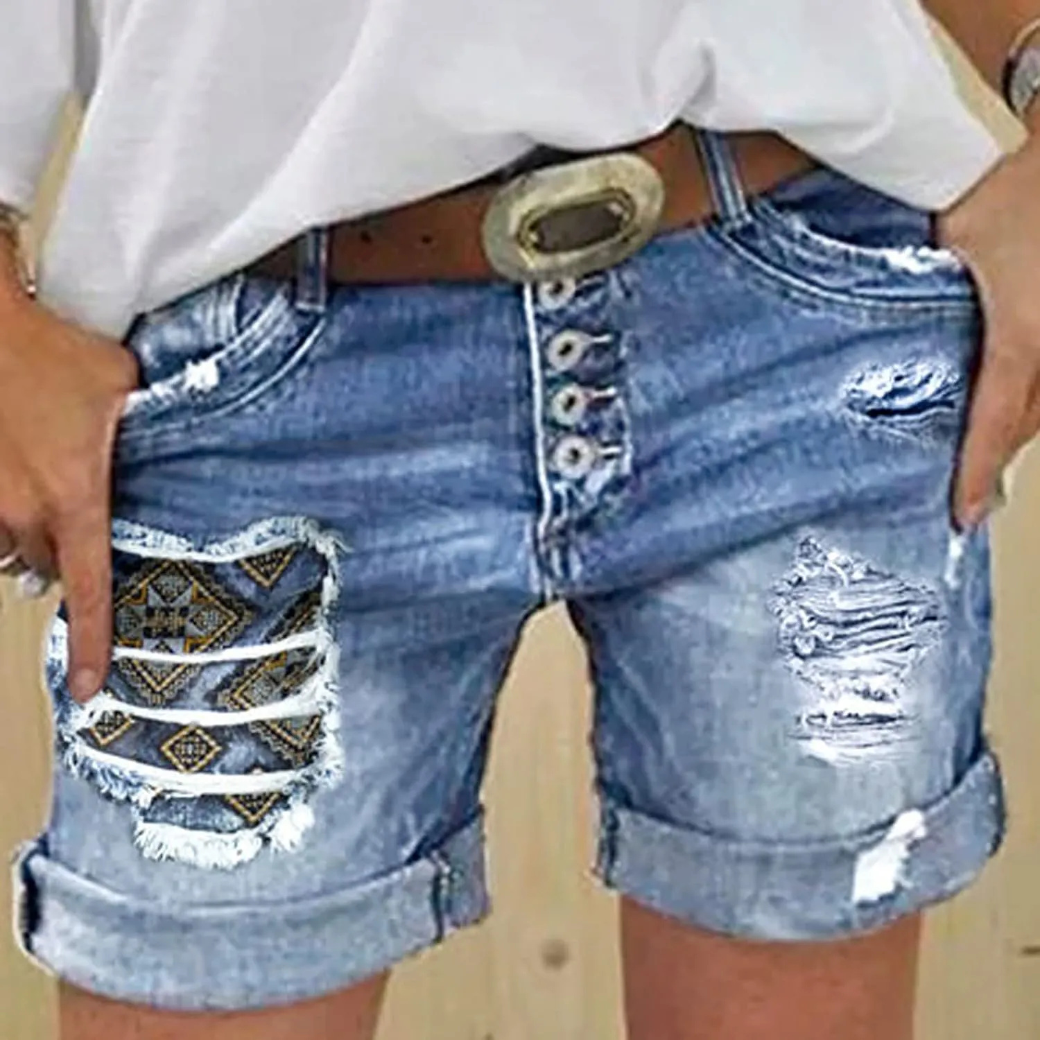 Denim Shorts Women Mid Rise Ripped Jean Shorts Stretchy Folded Hem Hot Short Jeans