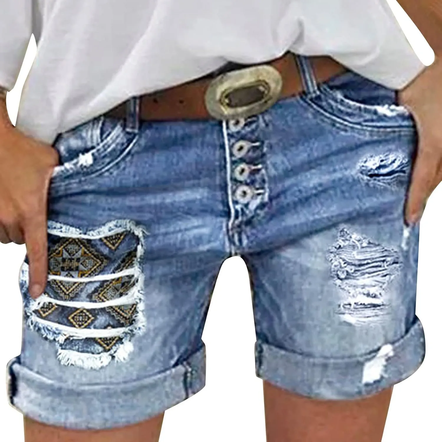 Denim Shorts Women Mid Rise Ripped Jean Shorts Stretchy Folded Hem Hot Short Jeans