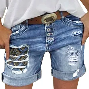 Denim Shorts Women Mid Rise Ripped Jean Shorts Stretchy Folded Hem Hot Short Jeans