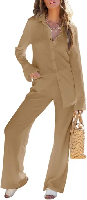 Dokotoo Womens 2 Piece Trendy Outfits Long Sleeve Button Down Tops Long Pants Tracksuit Matching Lounge Sets Cozy Loungewear