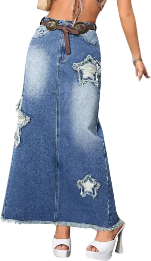 ebossy Womens Vintage Denim Maxi Skirt Trendy Star Patchwork Back Slit Frayed Jean Skirt with Pockets
