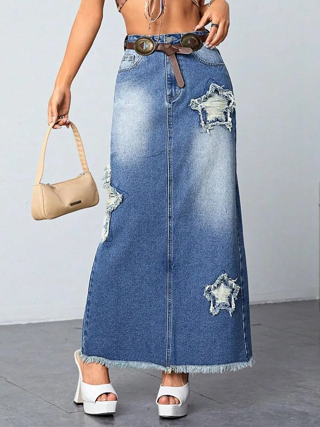 ebossy Womens Vintage Denim Maxi Skirt Trendy Star Patchwork Back Slit Frayed Jean Skirt with Pockets