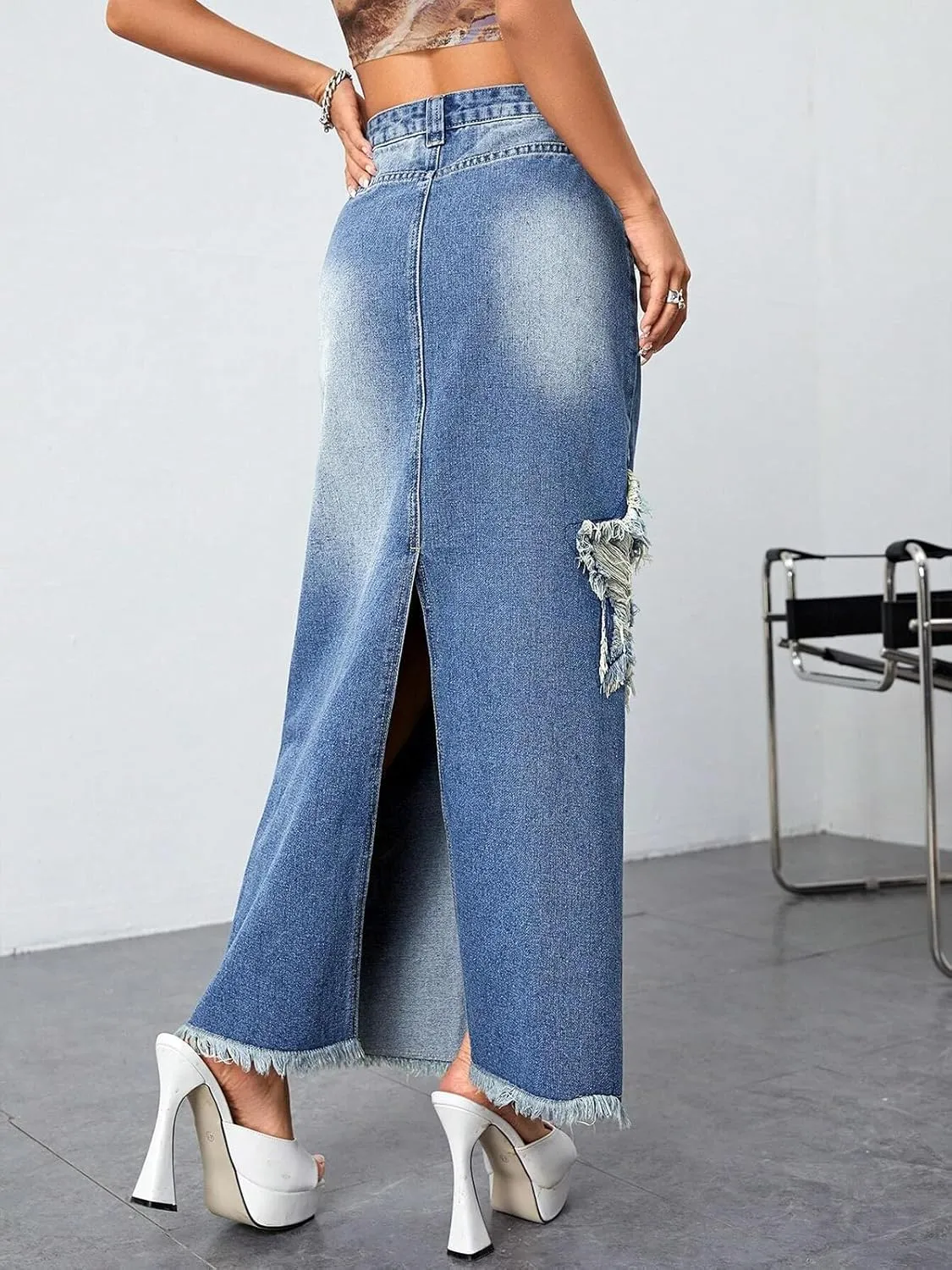 ebossy Womens Vintage Denim Maxi Skirt Trendy Star Patchwork Back Slit Frayed Jean Skirt with Pockets