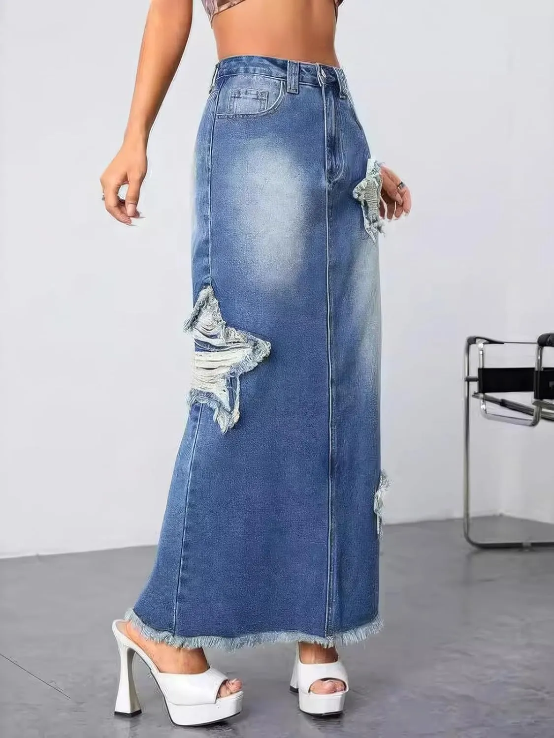 ebossy Womens Vintage Denim Maxi Skirt Trendy Star Patchwork Back Slit Frayed Jean Skirt with Pockets