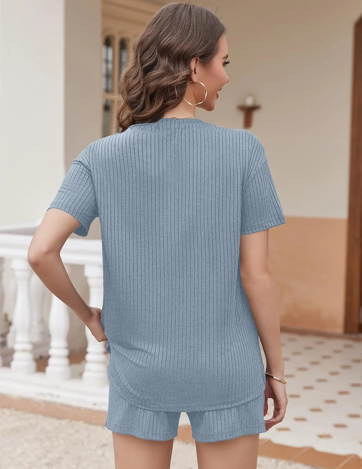 Ekouaer Pajama Sets for Women 2 Piece Womens Ribbed Knit Lounge Set Short Sleeve Henley Neck Top and Shorts with Pockets
