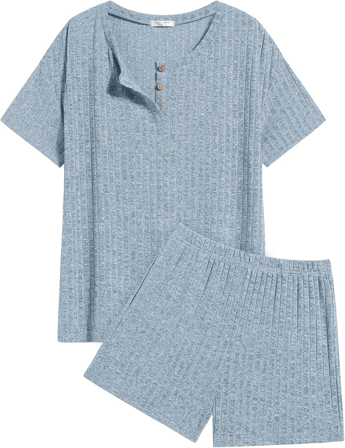 Ekouaer Pajama Sets for Women 2 Piece Womens Ribbed Knit Lounge Set Short Sleeve Henley Neck Top and Shorts with Pockets
