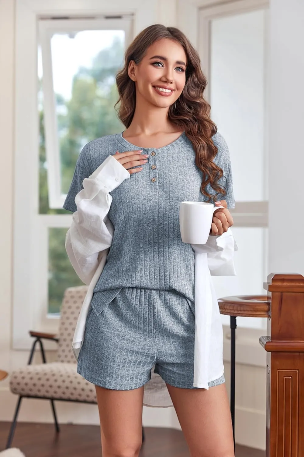 Ekouaer Pajama Sets for Women 2 Piece Womens Ribbed Knit Lounge Set Short Sleeve Henley Neck Top and Shorts with Pockets