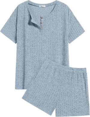 Ekouaer Pajama Sets for Women 2 Piece Womens Ribbed Knit Lounge Set Short Sleeve Henley Neck Top and Shorts with Pockets
