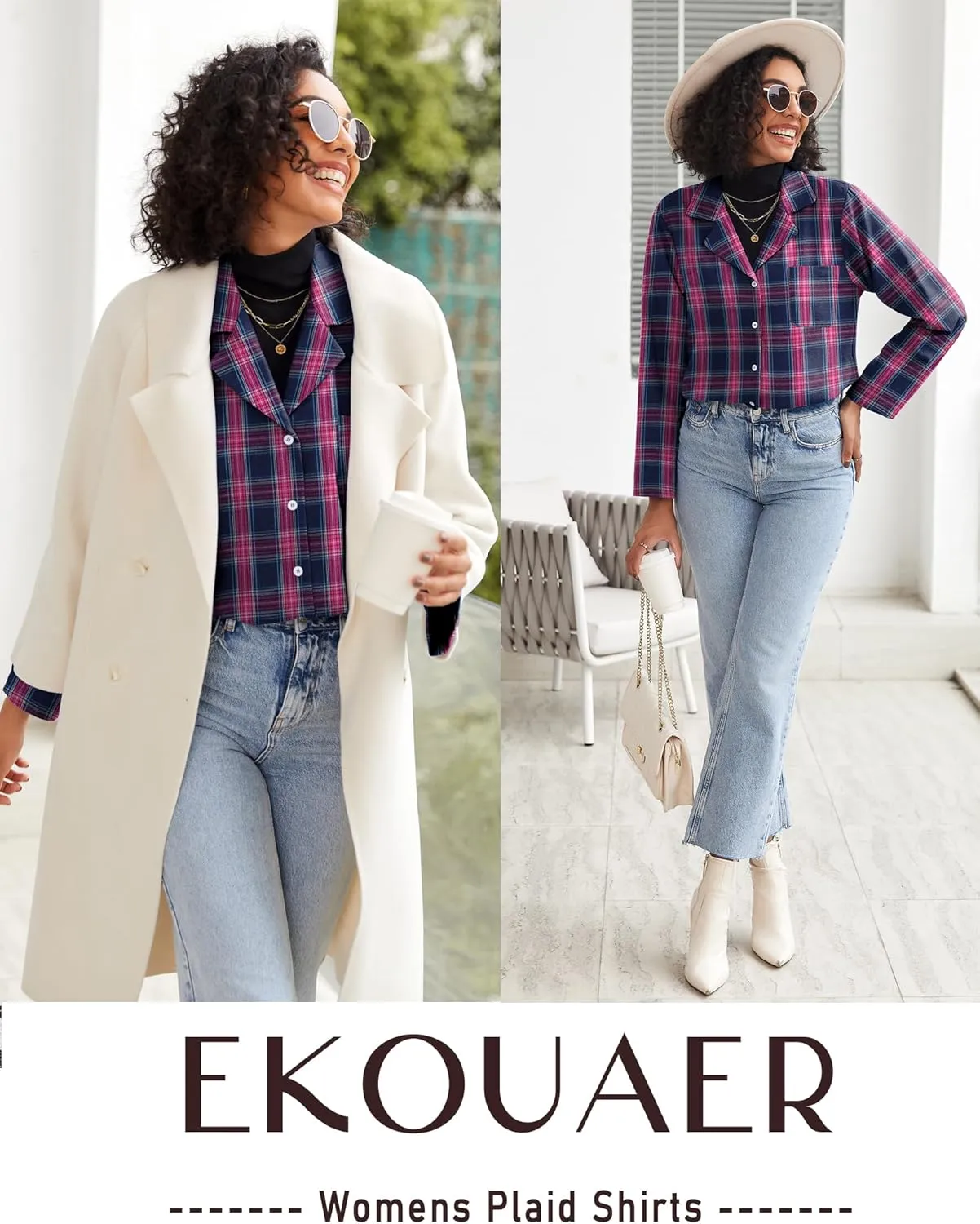 Ekouaer Pajamas Set for Womens 2 Piece Cotton Plaid Loungewear Long Sleeve Sleepwear Soft Button Down Shirts Pjs with Pockets