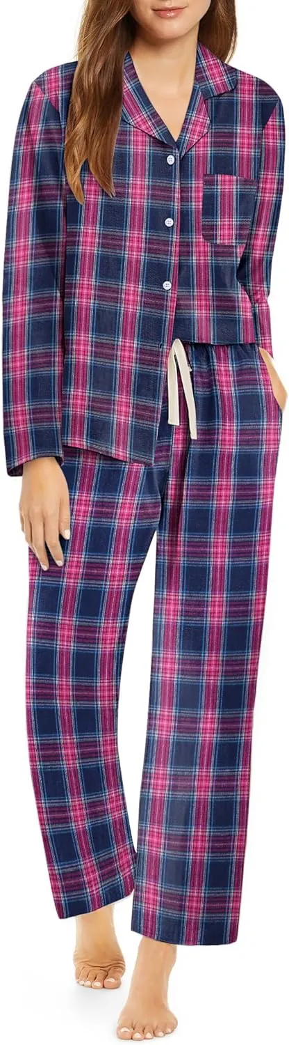 Ekouaer Pajamas Set for Womens 2 Piece Cotton Plaid Loungewear Long Sleeve Sleepwear Soft Button Down Shirts Pjs with Pockets