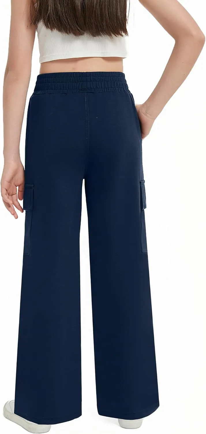 EXARUS Girls Sweatpants Wide Leg Baggy Teen Sweat Pants Cargo/Side Striped/Crossover V Waist Casual with Pockets 6-14Y