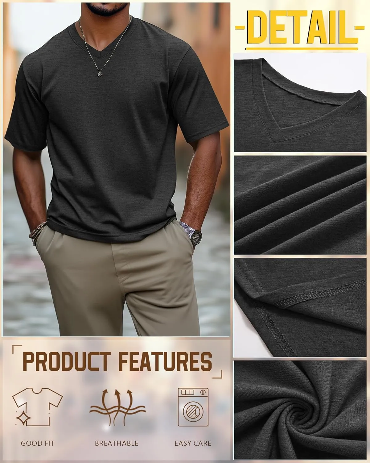 Ficerd 3 Pack Men's Cotton Half Sleeve Shirts M-7XL Regular and Big Tall V Neck Curved Hem Loose Casual Summer Basic Tee