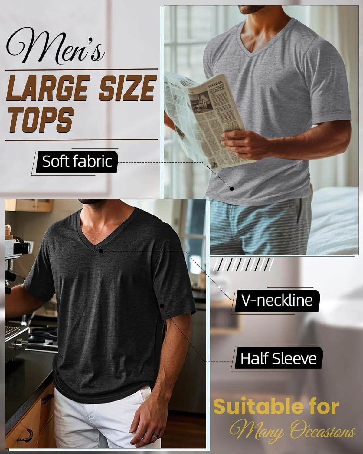 Ficerd 3 Pack Men's Cotton Half Sleeve Shirts M-7XL Regular and Big Tall V Neck Curved Hem Loose Casual Summer Basic Tee