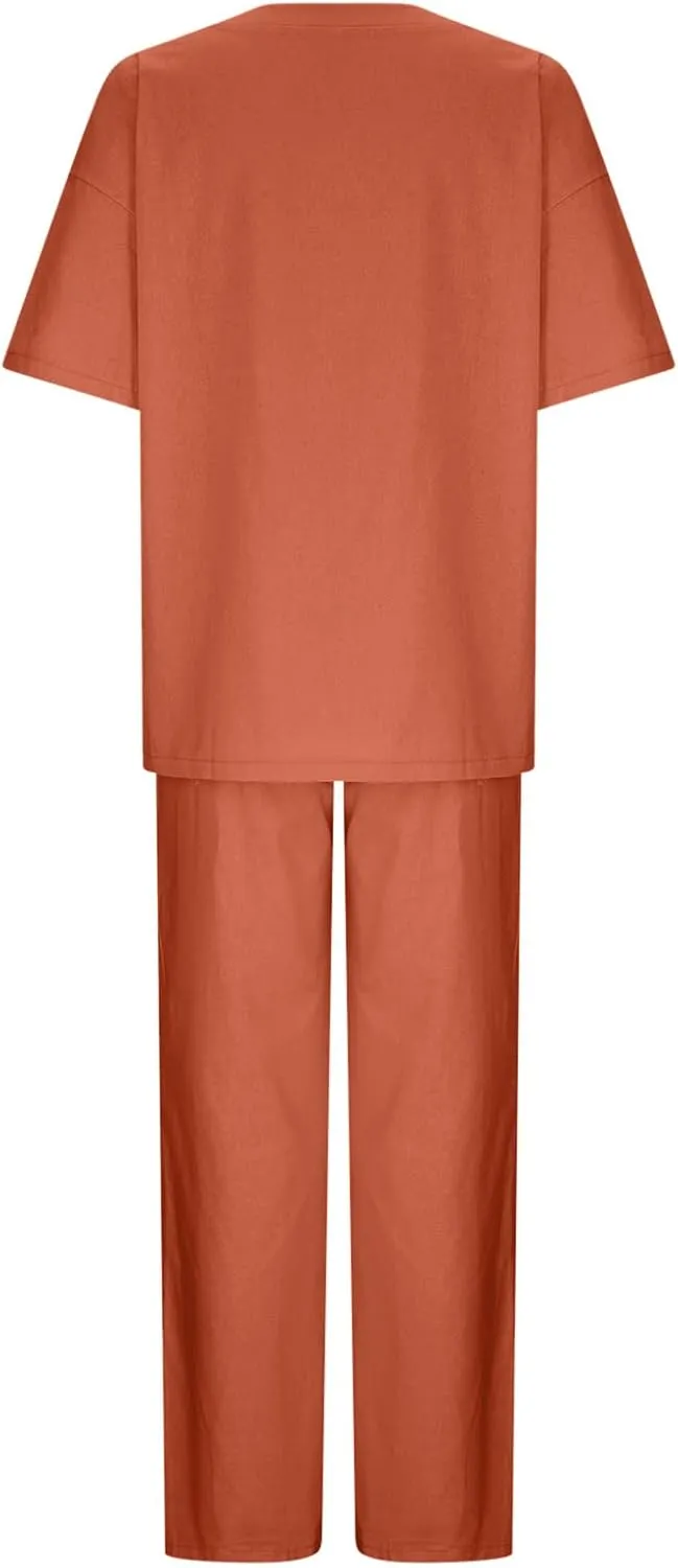 Firzero 2 Piece Outfits Sets for Women Plus Size Summer Cotton Linen Long Sleeve Crewneck Shirts and Wide Leg Pants