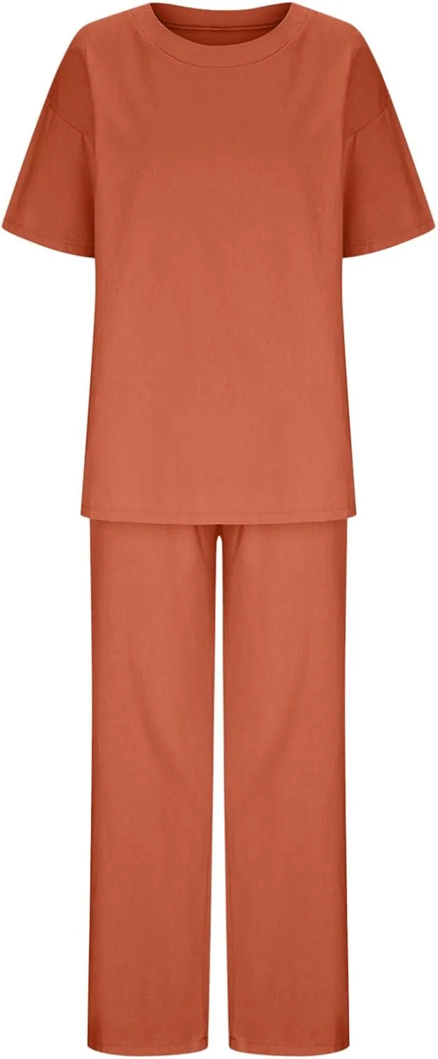 Firzero 2 Piece Outfits Sets for Women Plus Size Summer Cotton Linen Long Sleeve Crewneck Shirts and Wide Leg Pants