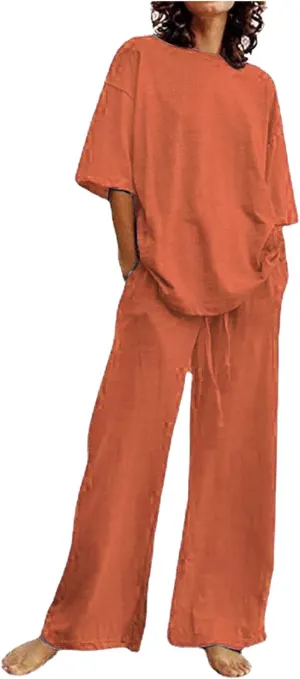 Firzero 2 Piece Outfits Sets for Women Plus Size Summer Cotton Linen Long Sleeve Crewneck Shirts and Wide Leg Pants