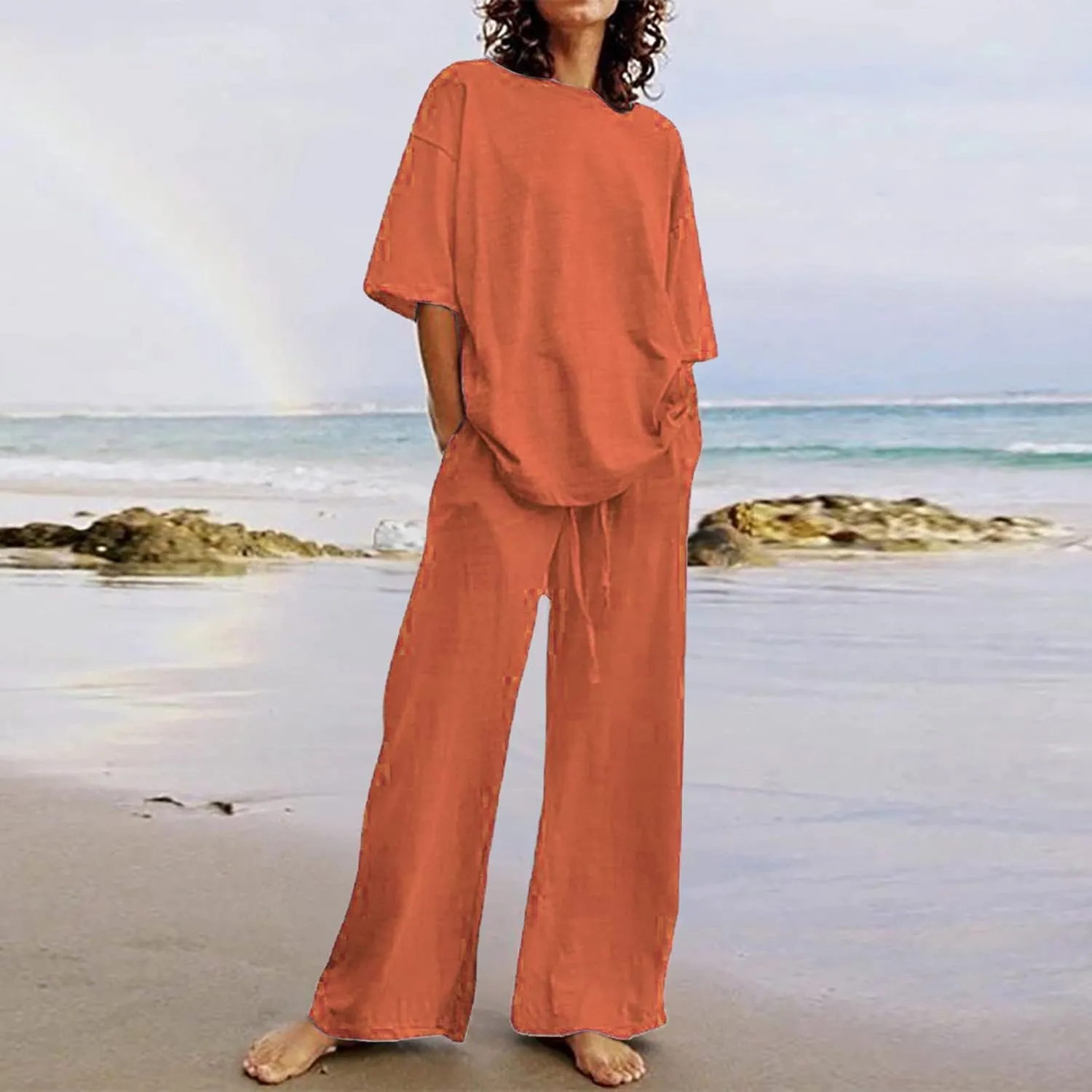 Firzero 2 Piece Outfits Sets for Women Plus Size Summer Cotton Linen Long Sleeve Crewneck Shirts and Wide Leg Pants