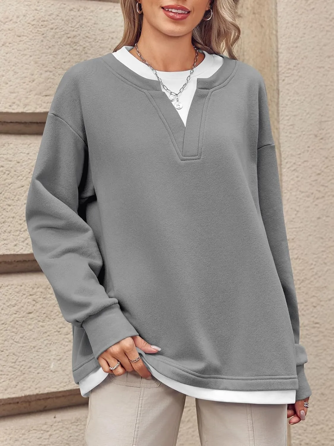 Fisoew Womens Crewneck Oversized Sweatshirts Long Sleeve Contrast Colors 2 in 1 Casual Pullover Tops