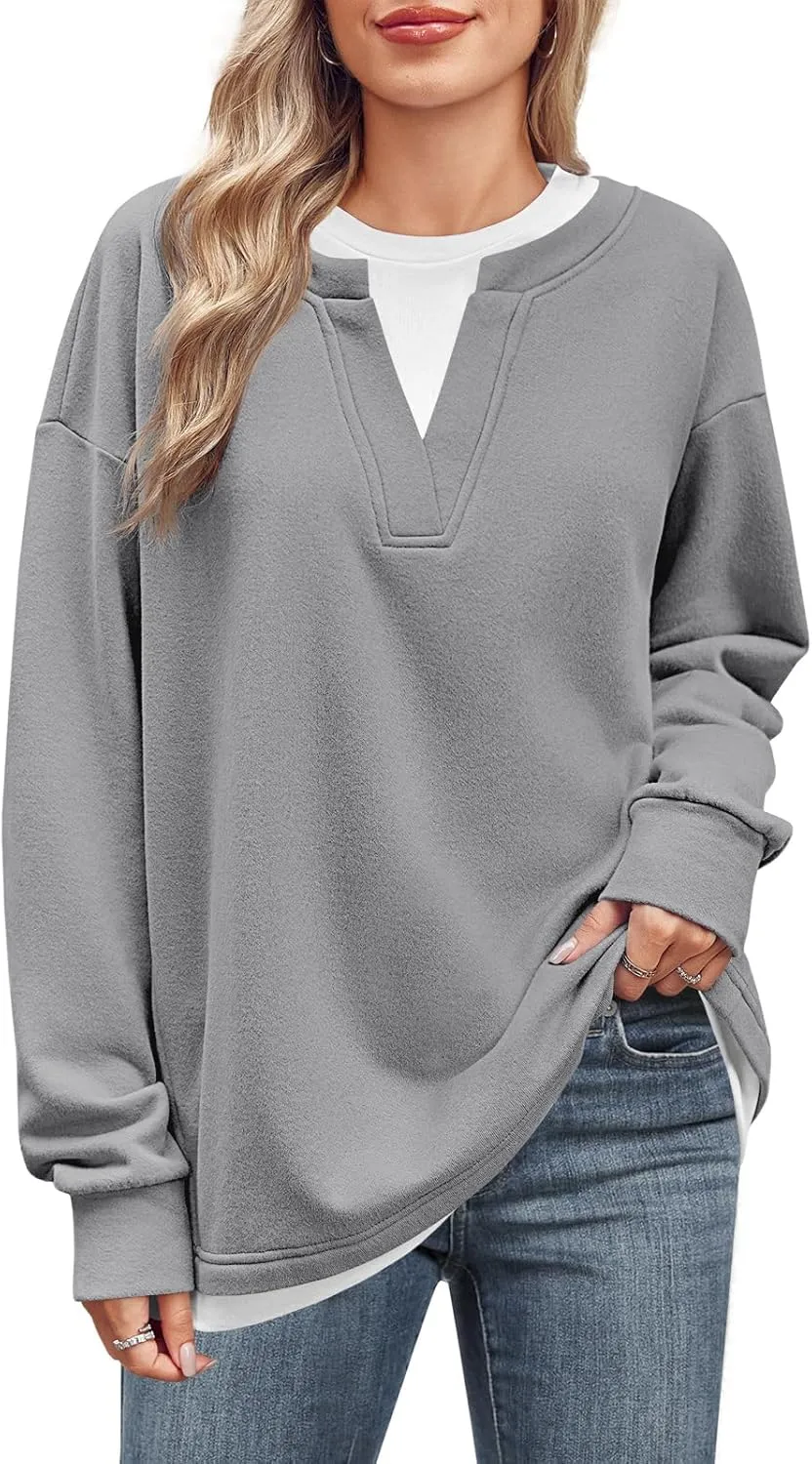Fisoew Womens Crewneck Oversized Sweatshirts Long Sleeve Contrast Colors 2 in 1 Casual Pullover Tops