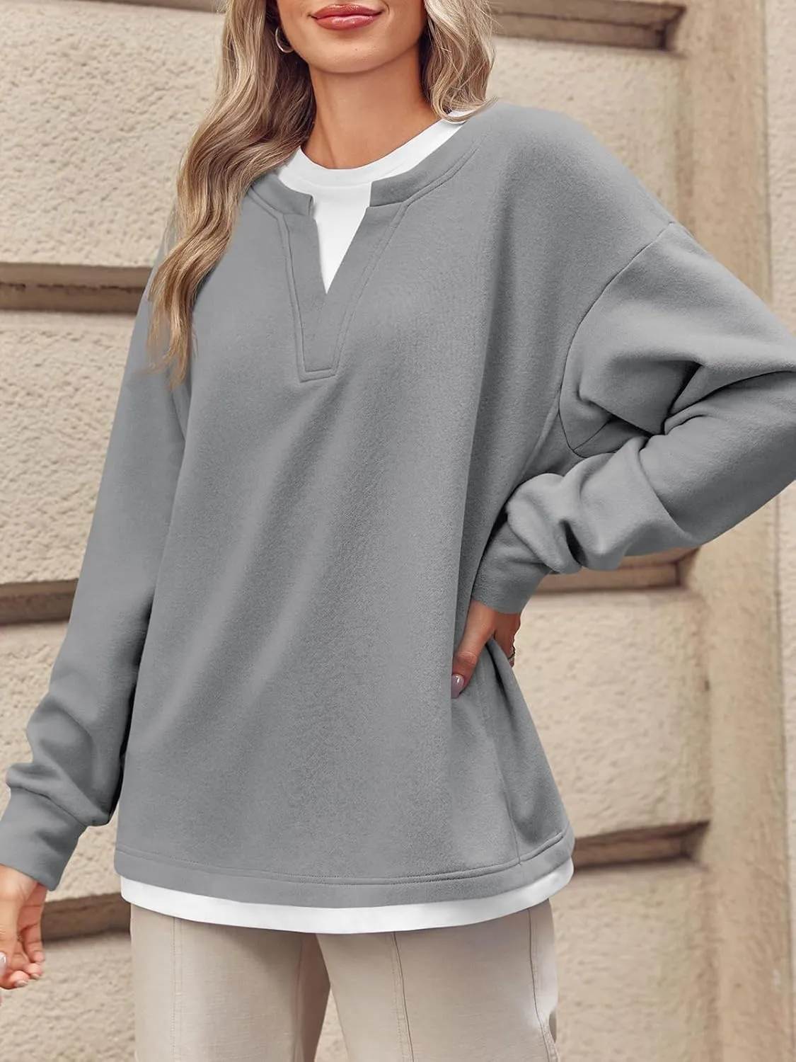 Fisoew Womens Crewneck Oversized Sweatshirts Long Sleeve Contrast Colors 2 in 1 Casual Pullover Tops
