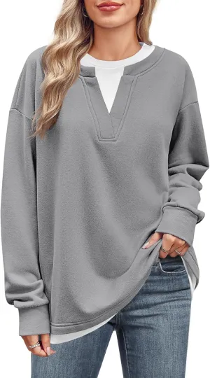 Fisoew Womens Crewneck Oversized Sweatshirts Long Sleeve Contrast Colors 2 in 1 Casual Pullover Tops